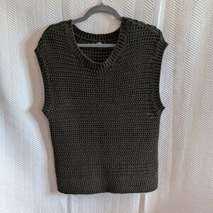 Lord & Taylor 424 Fifth Olive Green Crochet Knit Vest Medium Cotton Linen blend